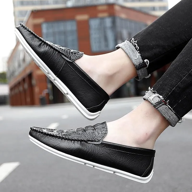 Men's Crocodile Print Vegan Leather Loafers -Round Toe Lightweight Comfortable Anti-Slip Slip-Ons for Casual Wear