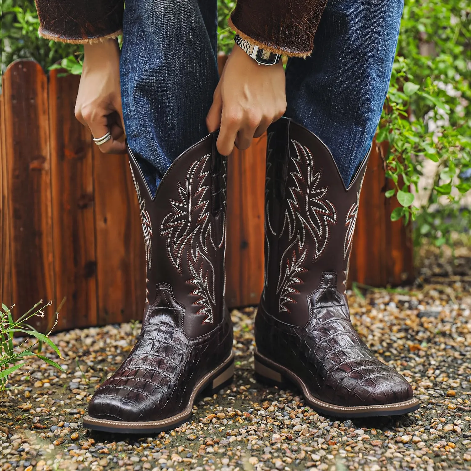 Men's Crocodile Prints Western Cowboy Boots, Classic Embroideryer, Mid Calf Wide Square Toe Boots