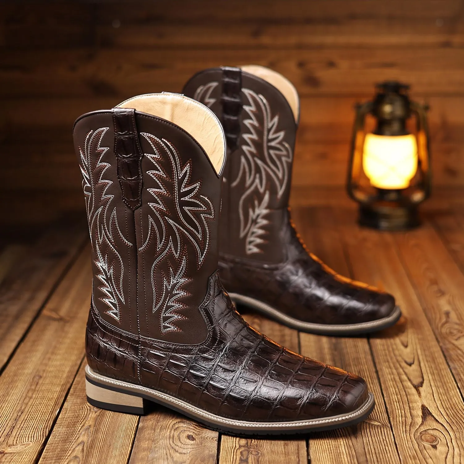 Men's Crocodile Prints Western Cowboy Boots, Classic Embroideryer, Mid Calf Wide Square Toe Boots