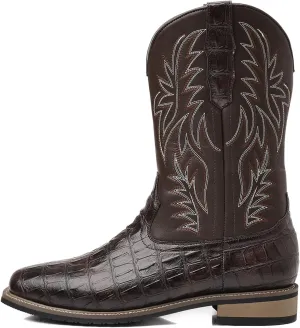Men's Crocodile Prints Western Cowboy Boots, Classic Embroideryer, Mid Calf Wide Square Toe Boots