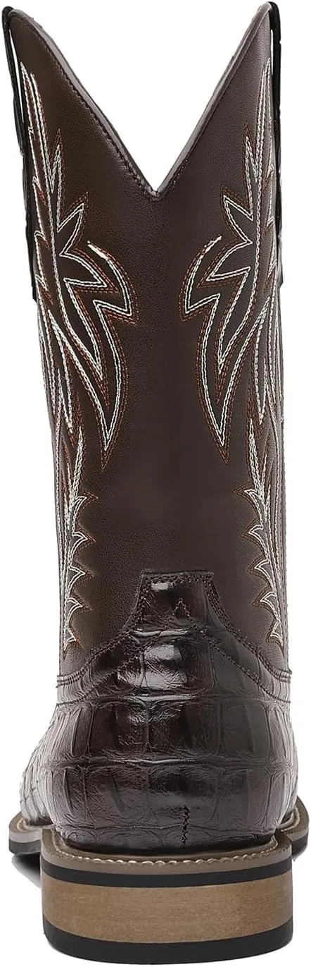 Men's Crocodile Prints Western Cowboy Boots, Classic Embroideryer, Mid Calf Wide Square Toe Boots