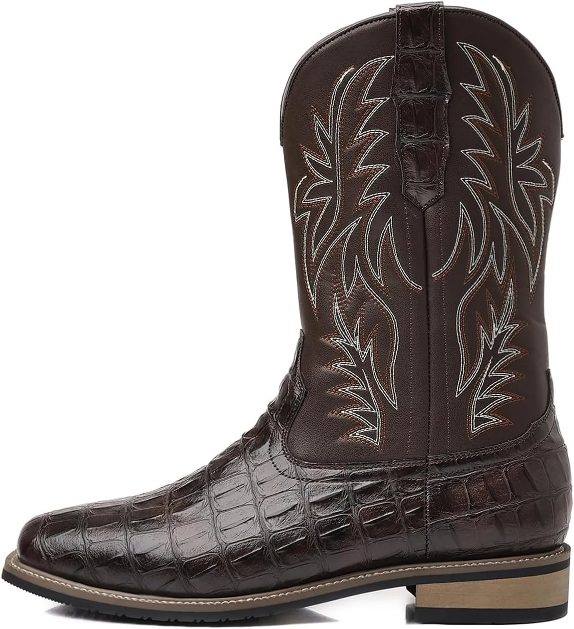 Men's Crocodile Prints Western Cowboy Boots, Classic Embroideryer, Mid Calf Wide Square Toe Boots