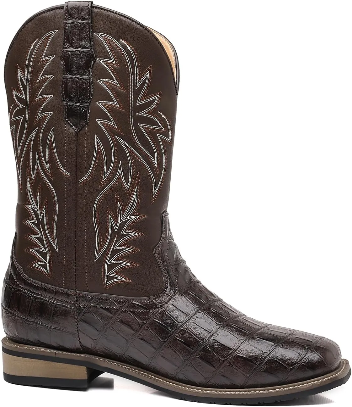 Men's Crocodile Prints Western Cowboy Boots, Classic Embroideryer, Mid Calf Wide Square Toe Boots