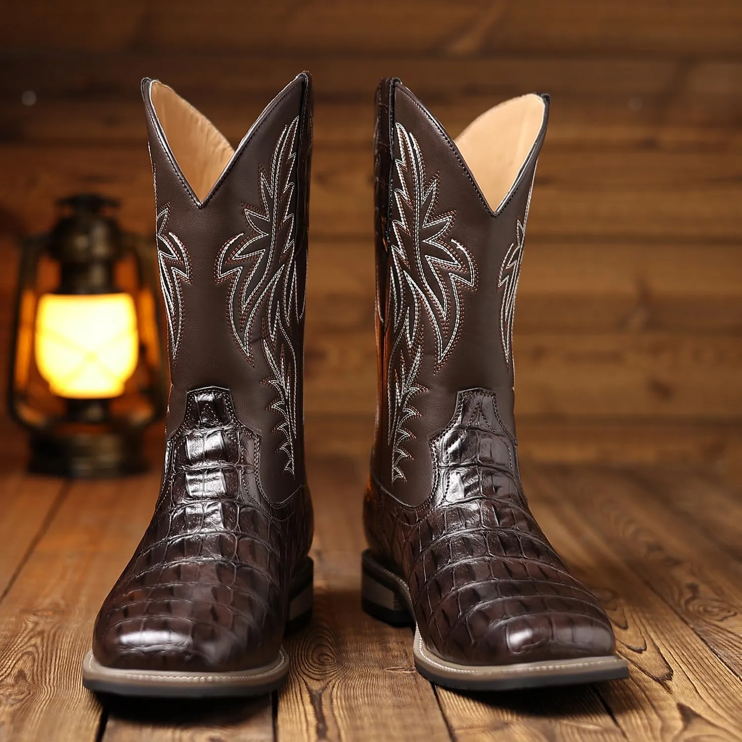 Men's Crocodile Prints Western Cowboy Boots, Classic Embroideryer, Mid Calf Wide Square Toe Boots