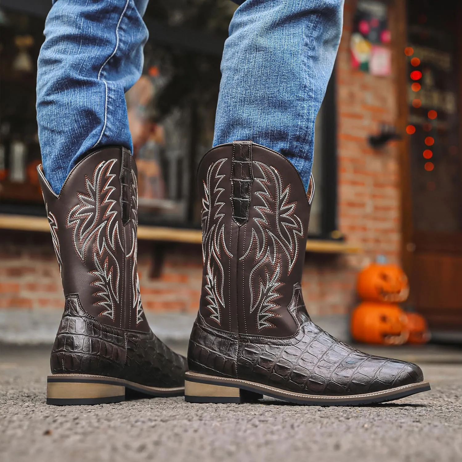 Men's Crocodile Prints Western Cowboy Boots, Classic Embroideryer, Mid Calf Wide Square Toe Boots