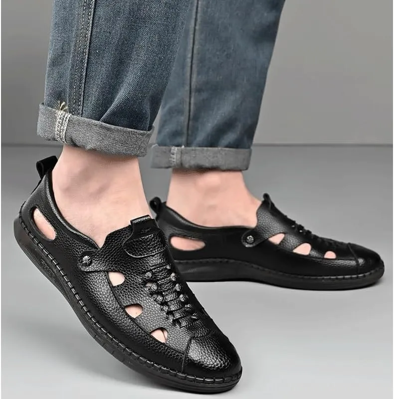 Men's Cutout Mesh Handmade Flat Casual Loafers Slip-on Casual Walking Shoes for Men Mens Genuine Leather Shoes for Driving Walking Wedding Outdoor Indoor Size