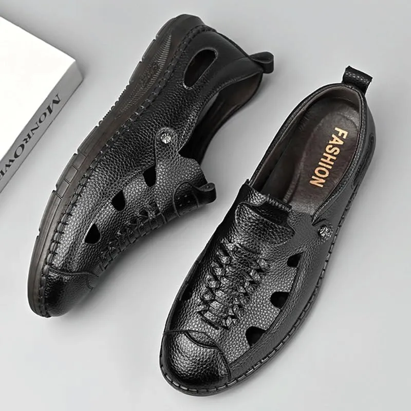 Men's Cutout Mesh Handmade Flat Casual Loafers Slip-on Casual Walking Shoes for Men Mens Genuine Leather Shoes for Driving Walking Wedding Outdoor Indoor Size
