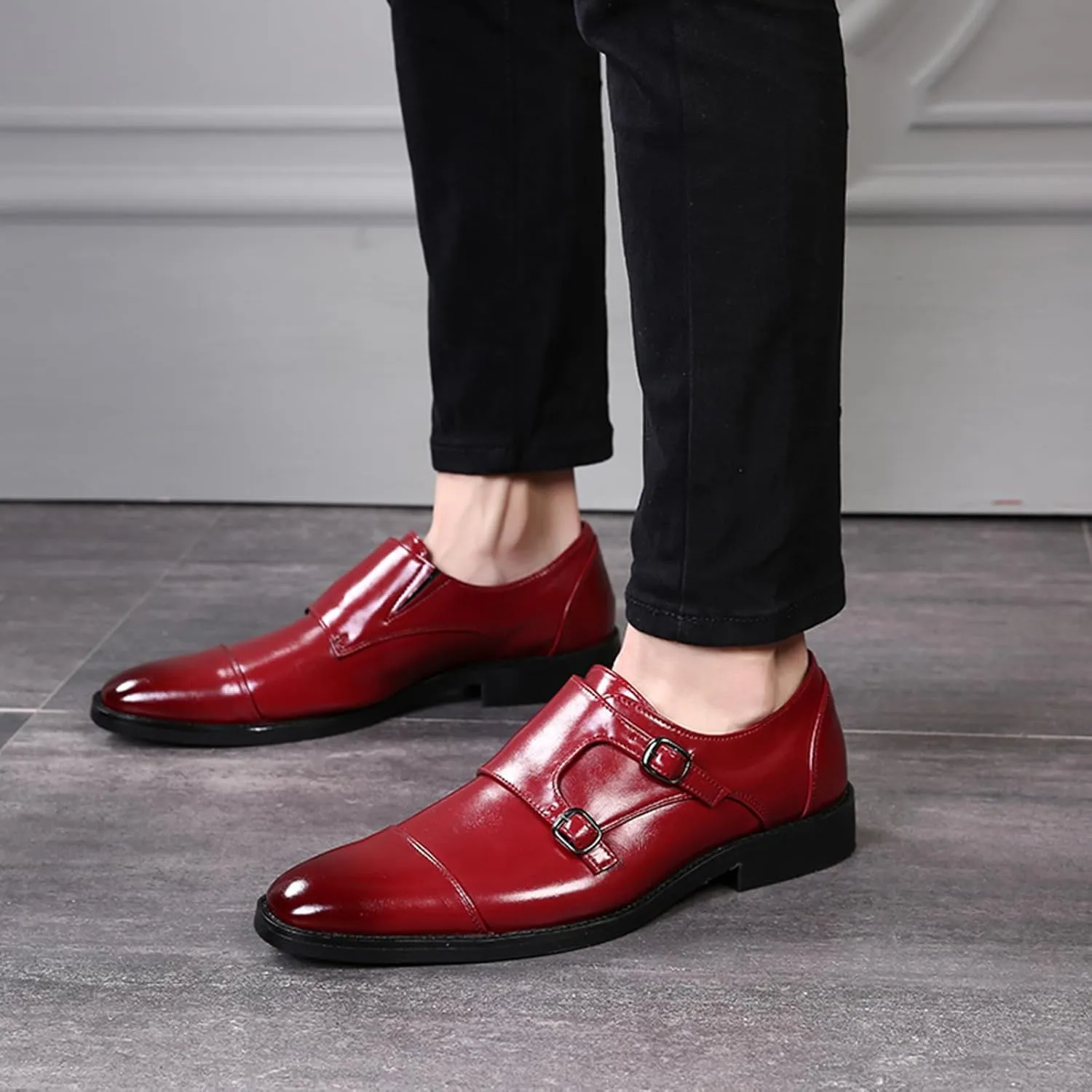 Mens Double Monk Strap Cap Toe PU Leather Dress Shoes Loafers Oxford
