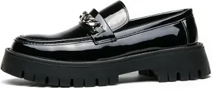 Men's Fashion Patent Leather Lug Sole Loafers,Round Toe Platform Comfort Slip On Dress Shoes