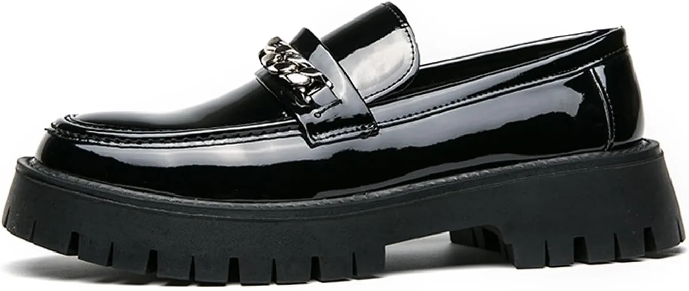 Men's Fashion Patent Leather Lug Sole Loafers,Round Toe Platform Comfort Slip On Dress Shoes
