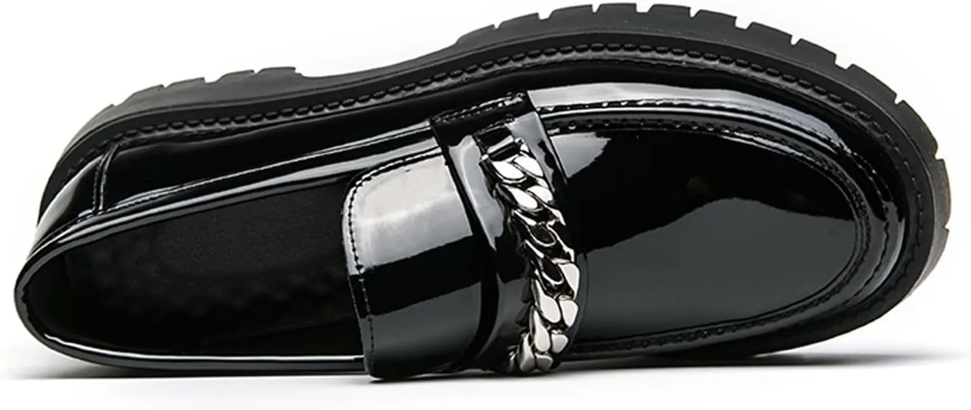 Men's Fashion Patent Leather Lug Sole Loafers,Round Toe Platform Comfort Slip On Dress Shoes
