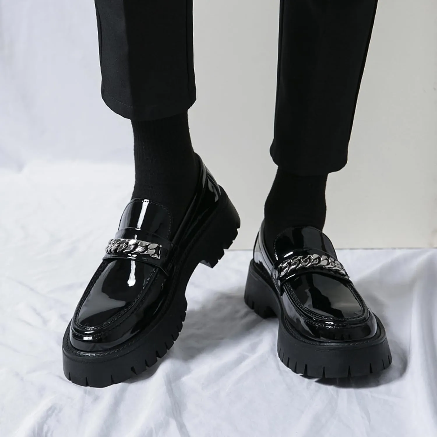 Men's Fashion Patent Leather Lug Sole Loafers,Round Toe Platform Comfort Slip On Dress Shoes