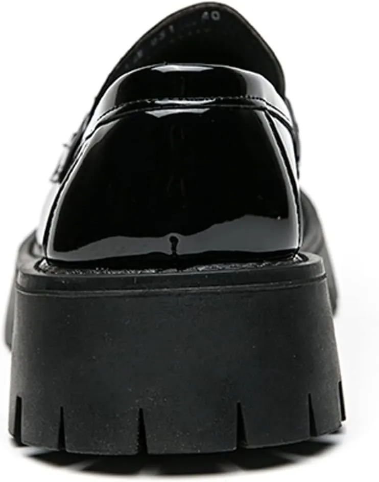 Men's Fashion Patent Leather Lug Sole Loafers,Round Toe Platform Comfort Slip On Dress Shoes
