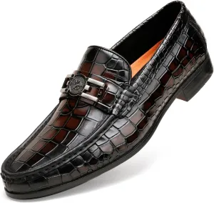 Mens Genuine Dress Shoes, Premium Crocodile Print Leather Slip-on Casual Shoes Penny Loafers for Mens, Black