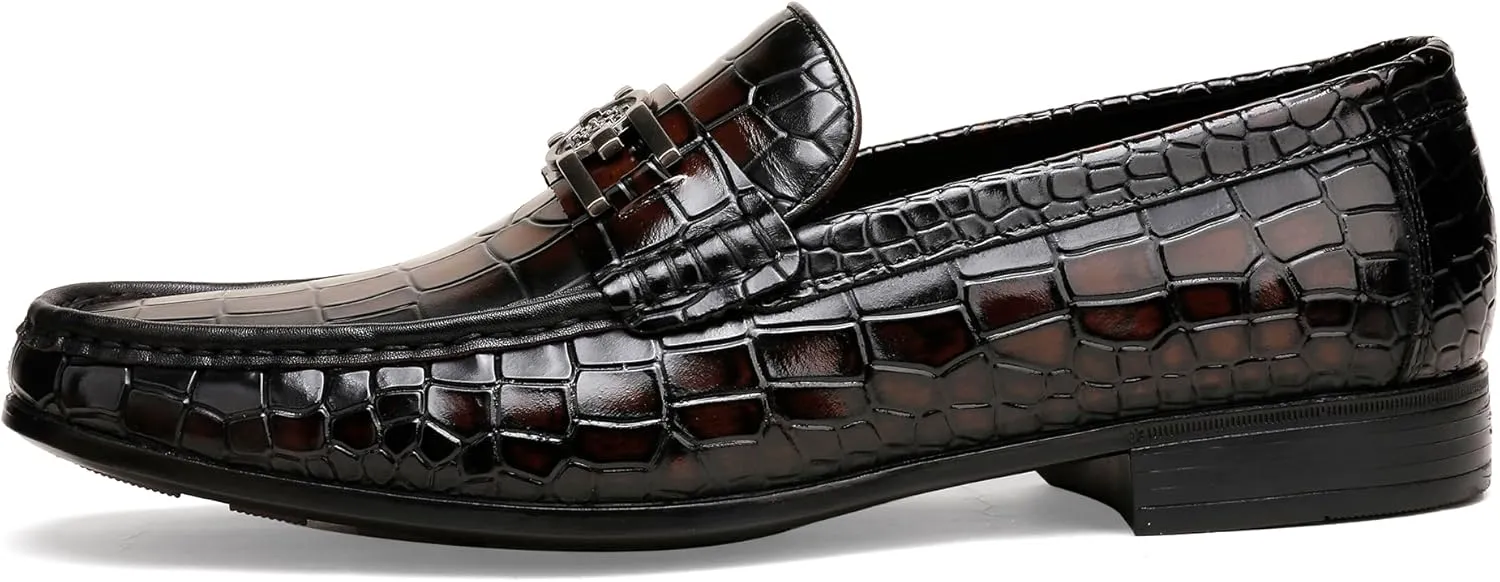 Mens Genuine Dress Shoes, Premium Crocodile Print Leather Slip-on Casual Shoes Penny Loafers for Mens, Black