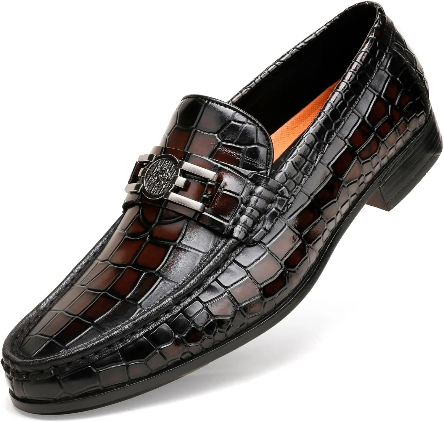 Mens Genuine Dress Shoes, Premium Crocodile Print Leather Slip-on Casual Shoes Penny Loafers for Mens, Black