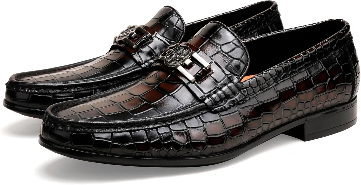 Mens Genuine Dress Shoes, Premium Crocodile Print Leather Slip-on Casual Shoes Penny Loafers for Mens, Black