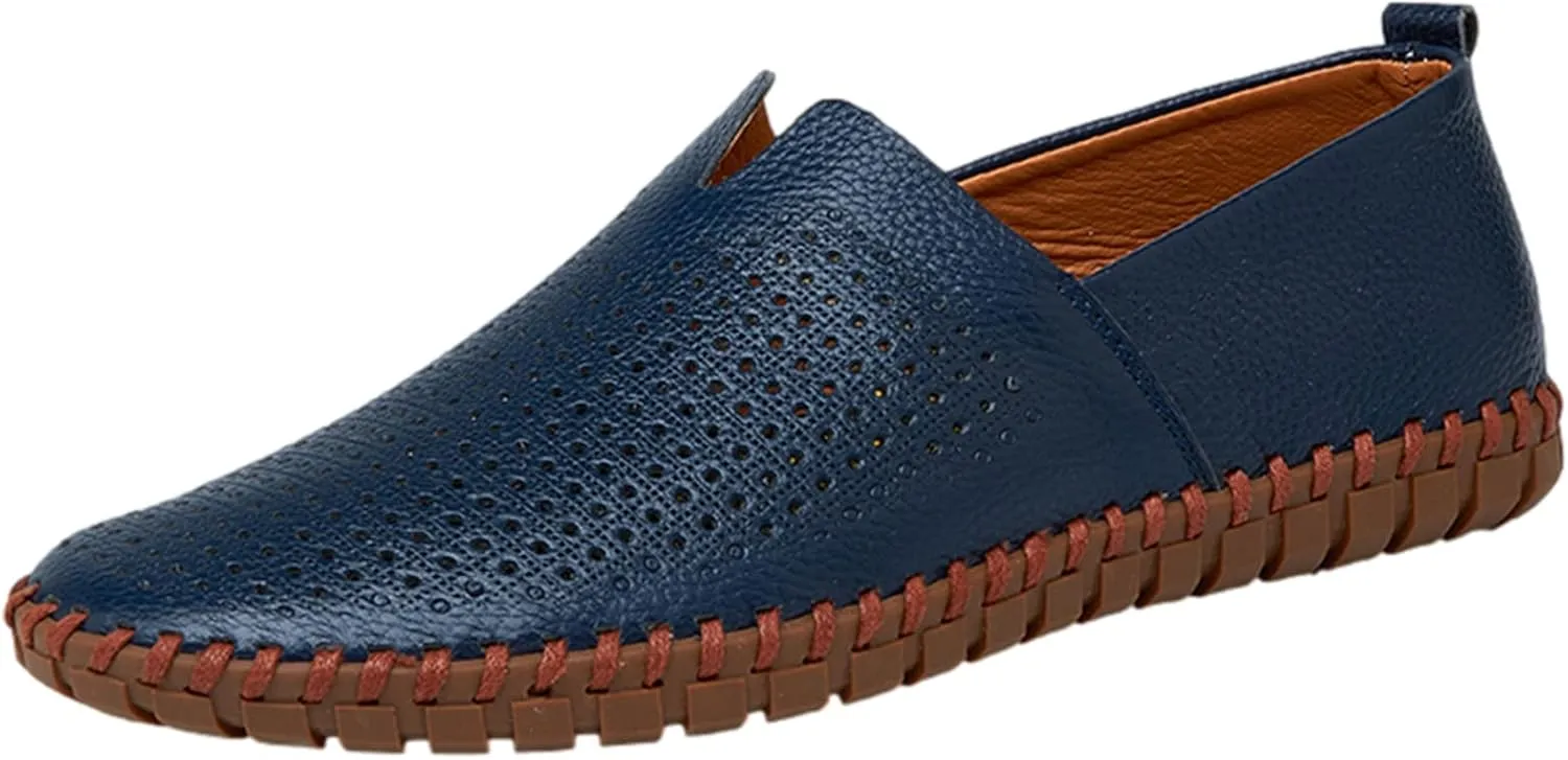 Men's Genuine Leather Loafer Flats Slip-On Soft Handmade Sole Summer Hollowed Casual Driving Shoes