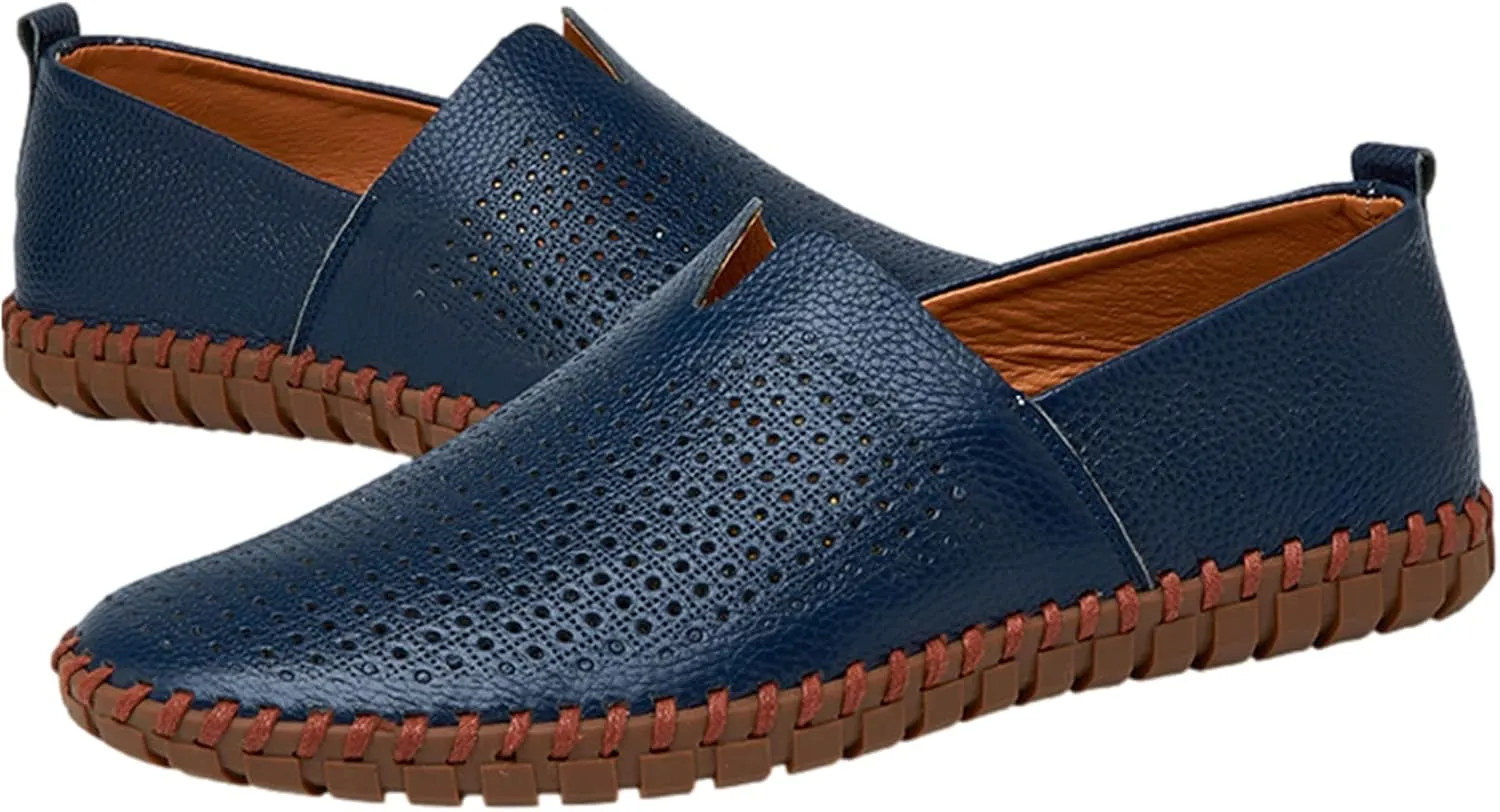 Men's Genuine Leather Loafer Flats Slip-On Soft Handmade Sole Summer Hollowed Casual Driving Shoes
