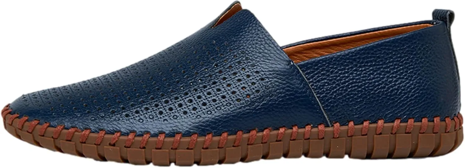 Men's Genuine Leather Loafer Flats Slip-On Soft Handmade Sole Summer Hollowed Casual Driving Shoes