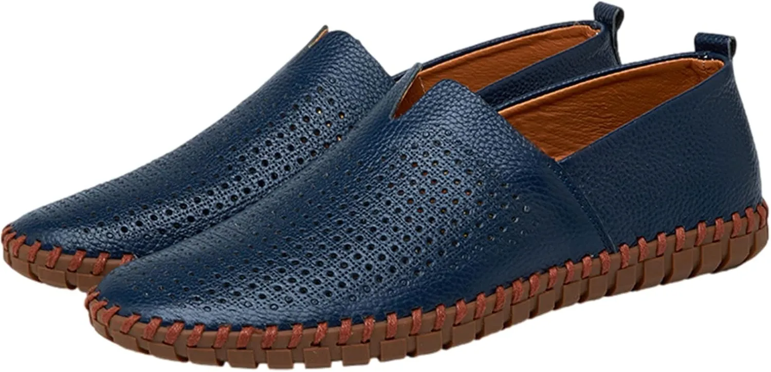 Men's Genuine Leather Loafer Flats Slip-On Soft Handmade Sole Summer Hollowed Casual Driving Shoes
