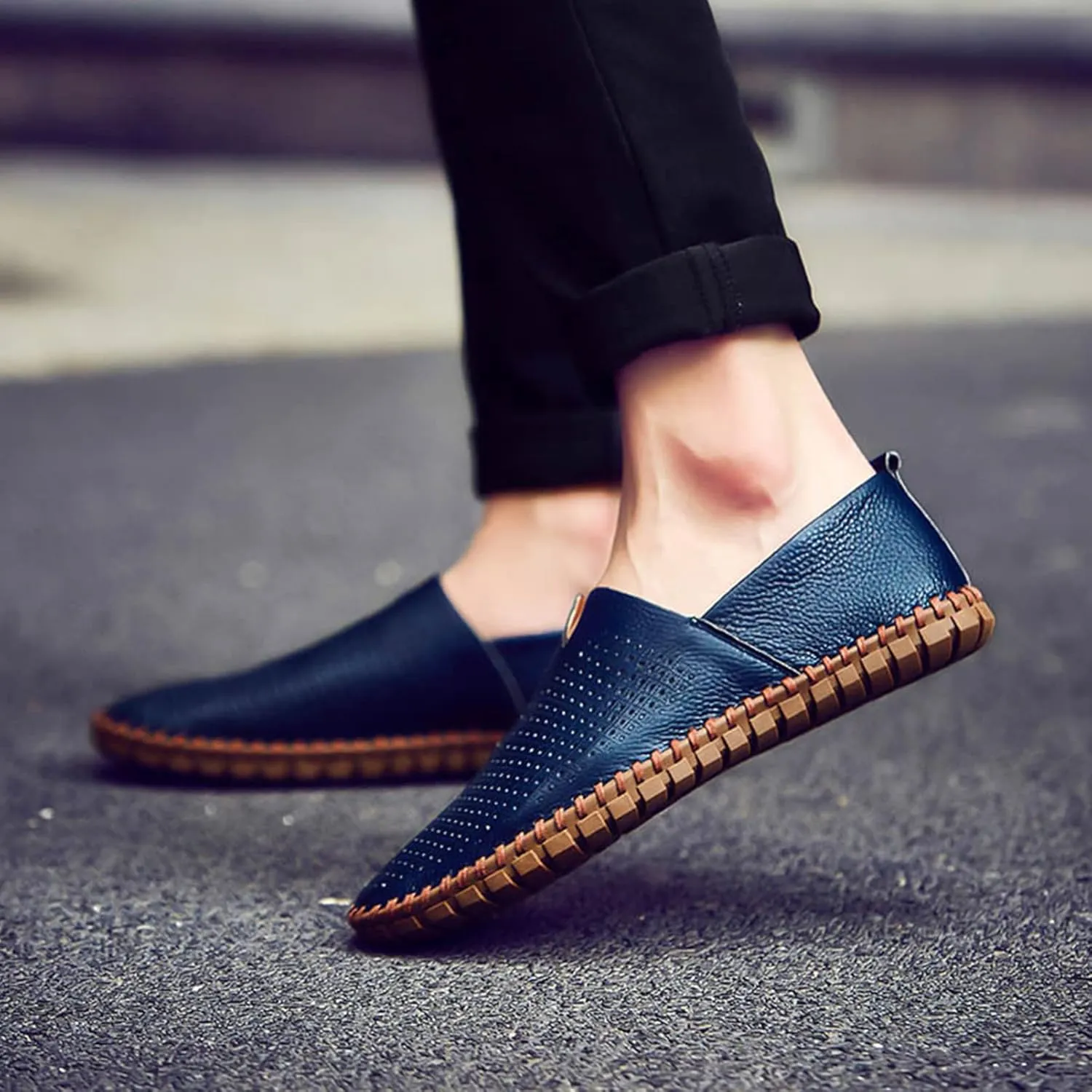 Men's Genuine Leather Loafer Flats Slip-On Soft Handmade Sole Summer Hollowed Casual Driving Shoes