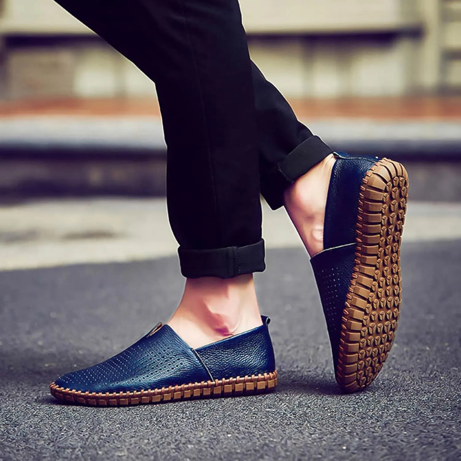 Men's Genuine Leather Loafer Flats Slip-On Soft Handmade Sole Summer Hollowed Casual Driving Shoes