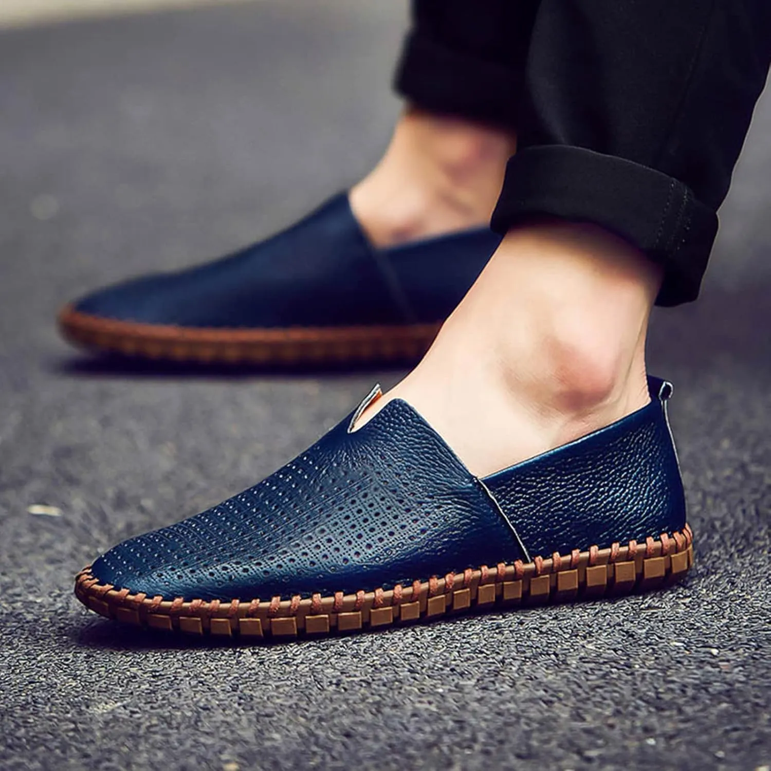 Men's Genuine Leather Loafer Flats Slip-On Soft Handmade Sole Summer Hollowed Casual Driving Shoes