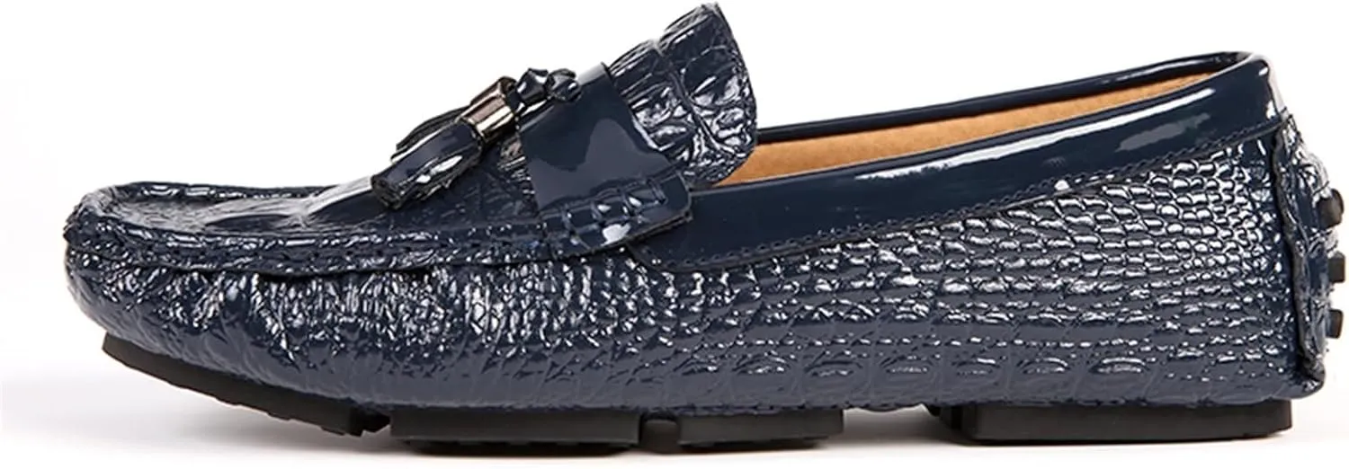 Men's Genuine Leather Loafers with Tassel, Round Toe, Faux Crocodile Grain, Slip-Resistant, Flexible, Comfortable Fashion Slip-Ons