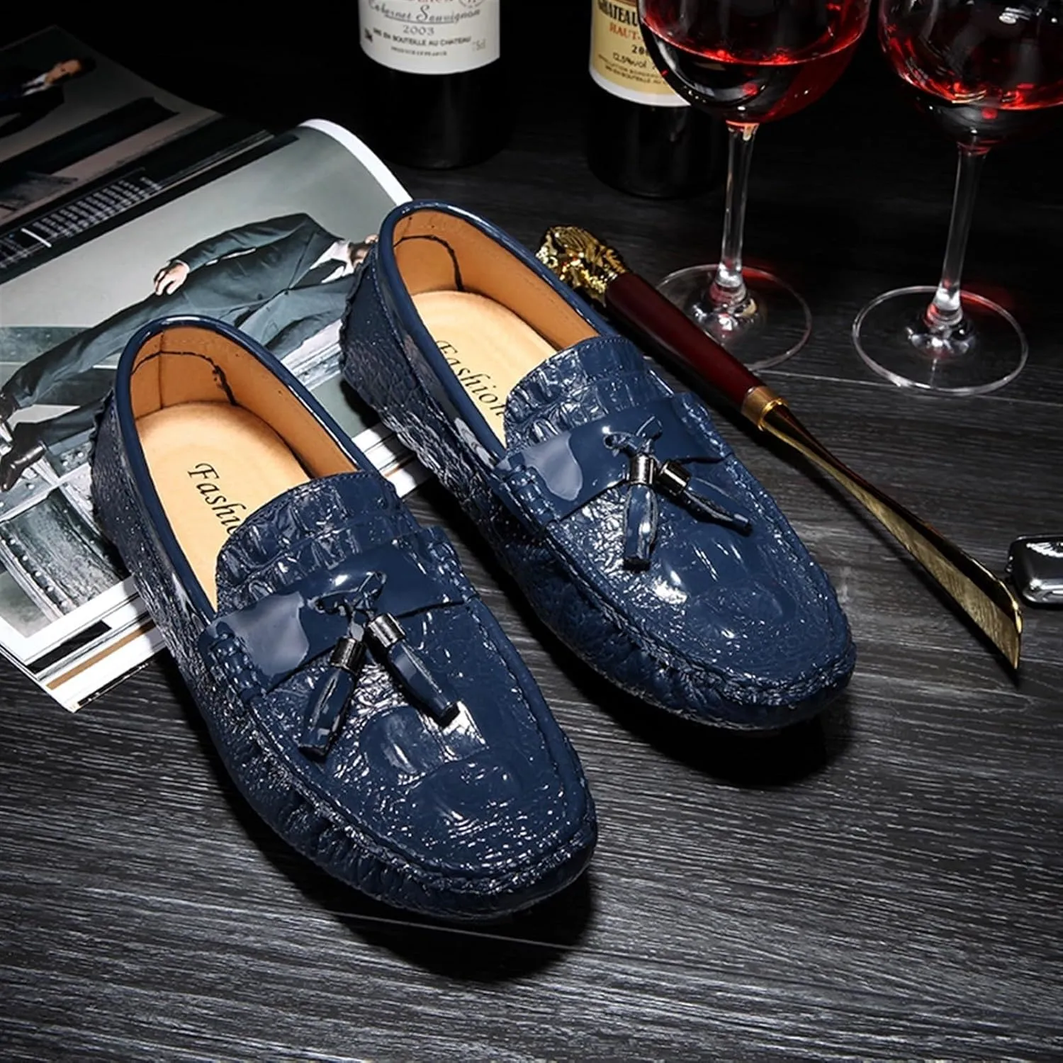 Men's Genuine Leather Loafers with Tassel, Round Toe, Faux Crocodile Grain, Slip-Resistant, Flexible, Comfortable Fashion Slip-Ons