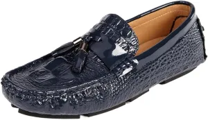 Men's Genuine Leather Loafers with Tassel, Round Toe, Faux Crocodile Grain, Slip-Resistant, Flexible, Comfortable Fashion Slip-Ons