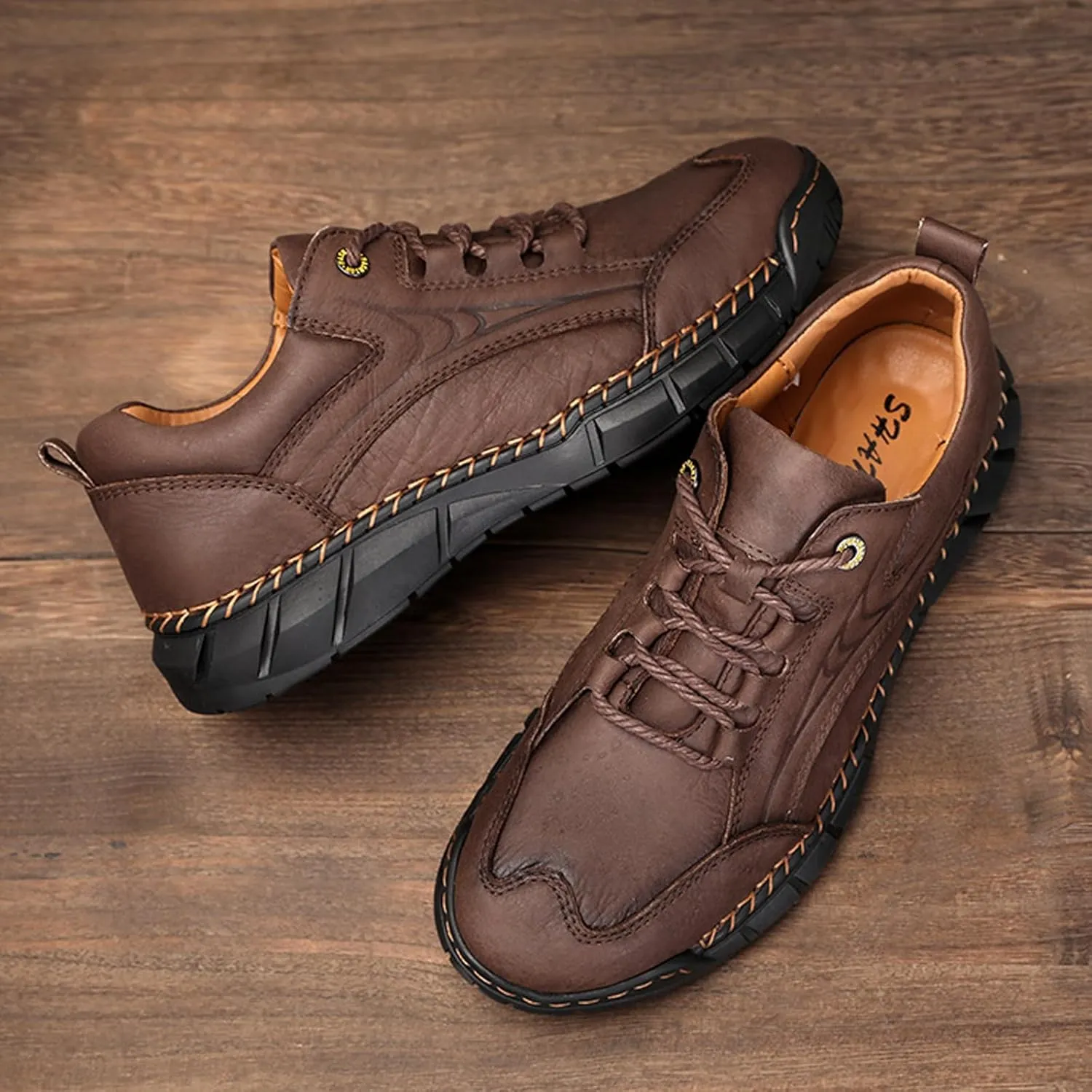 Men's Hand-Stitched Lace-up Leather Hiking Chukka Boot,Casual Outdoor Non-Slip Waterproof Sneakers Fashionable Walking Driving Shoes Comfortable for Work Office Dress Shoes