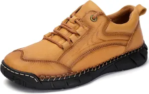 Men's Hand-Stitched Lace-up Leather Hiking Chukka Boot,Casual Outdoor Non-Slip Waterproof Sneakers Fashionable Walking Driving Shoes Comfortable for Work Office Dress Shoes