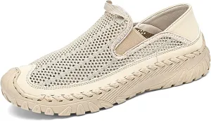 Men's Handmade Hollow Mesh Slip-On Loafers Comfortable Lightweight Breathable Closed Toe Walking Sandals Suitable for Outdoor Cross-Country Anti-Slip Hiking Sneakers