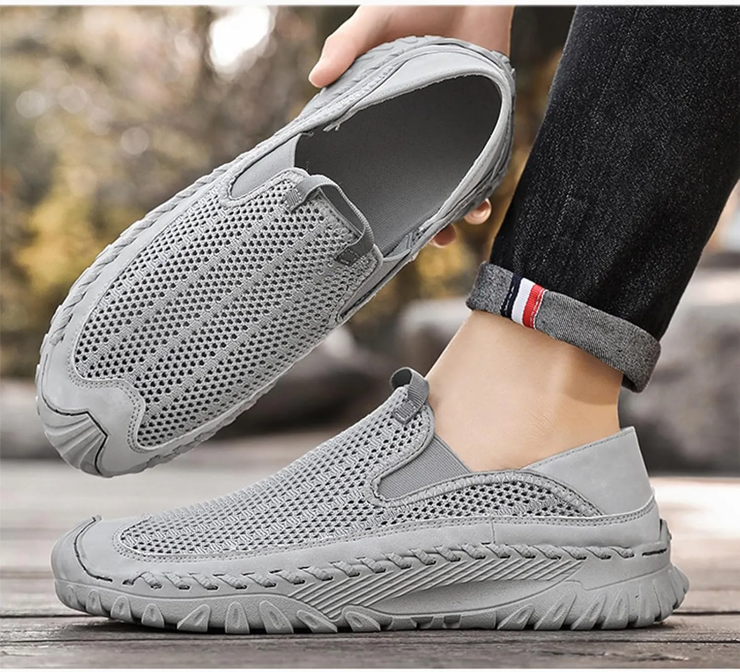 Men's Handmade Hollow Mesh Slip-On Loafers Comfortable Lightweight Breathable Closed Toe Walking Sandals Suitable for Outdoor Cross-Country Anti-Slip Hiking Sneakers