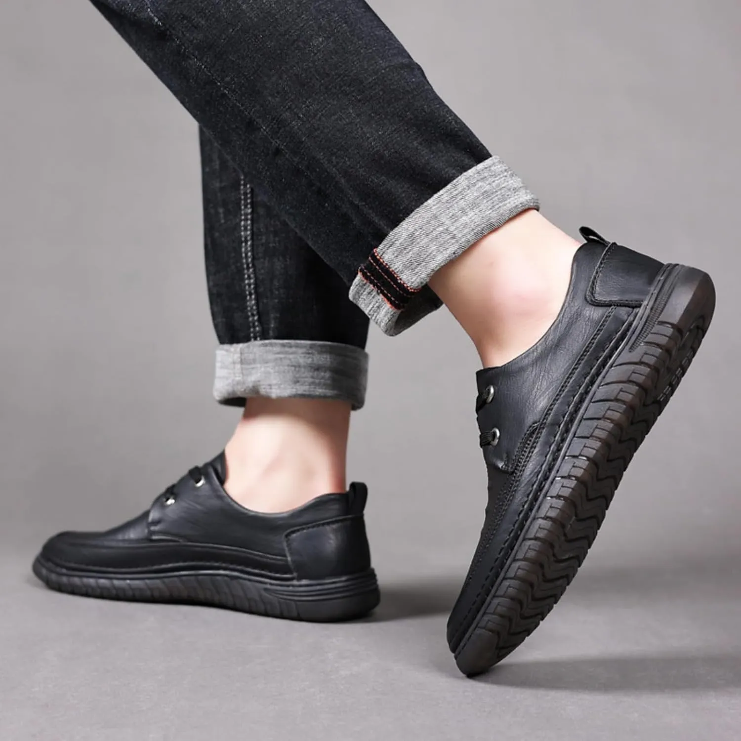 Mens Handmade Leather Lace Up Flats Oxford Shoes Casual Lightweight Low Top Non-Slip Round Toe Walking Driving Loafers Shoes