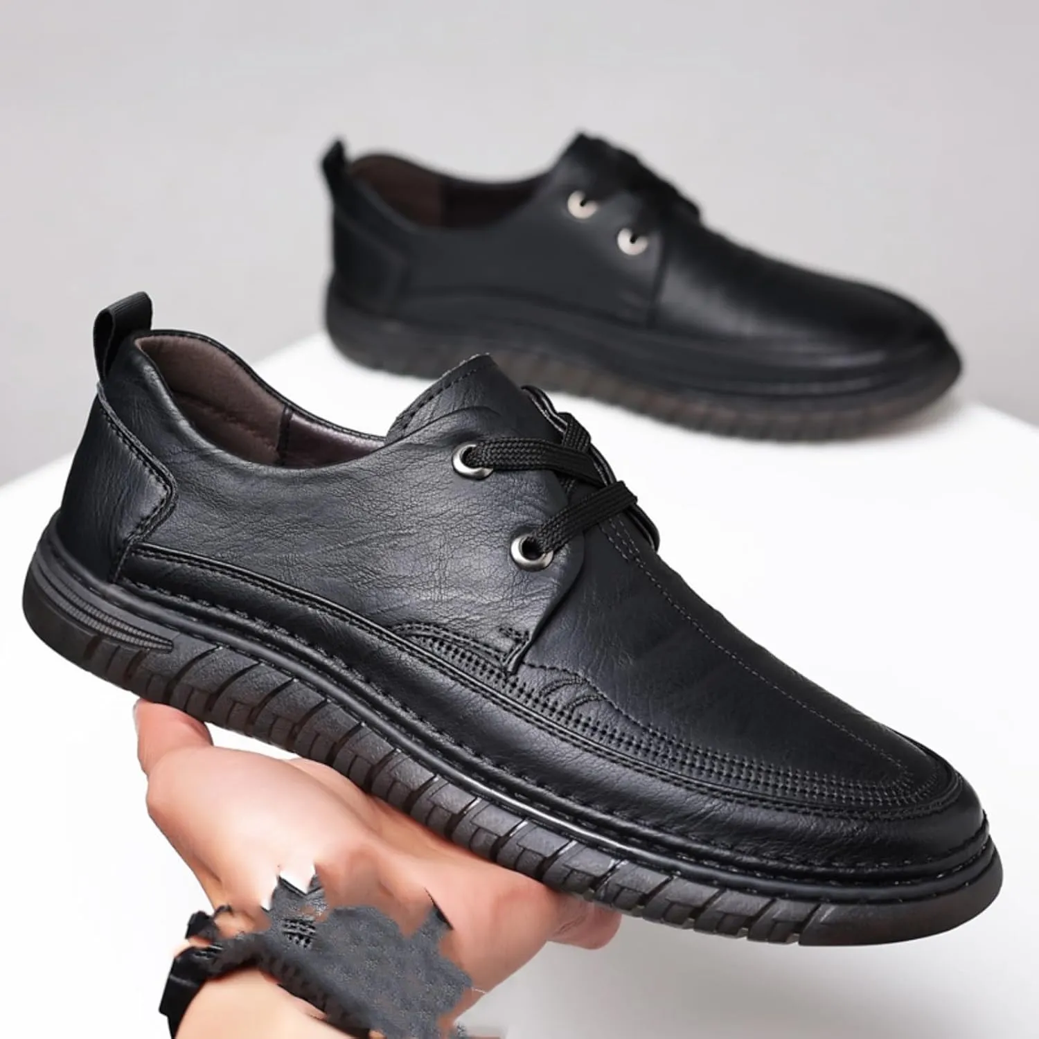 Mens Handmade Leather Lace Up Flats Oxford Shoes Casual Lightweight Low Top Non-Slip Round Toe Walking Driving Loafers Shoes