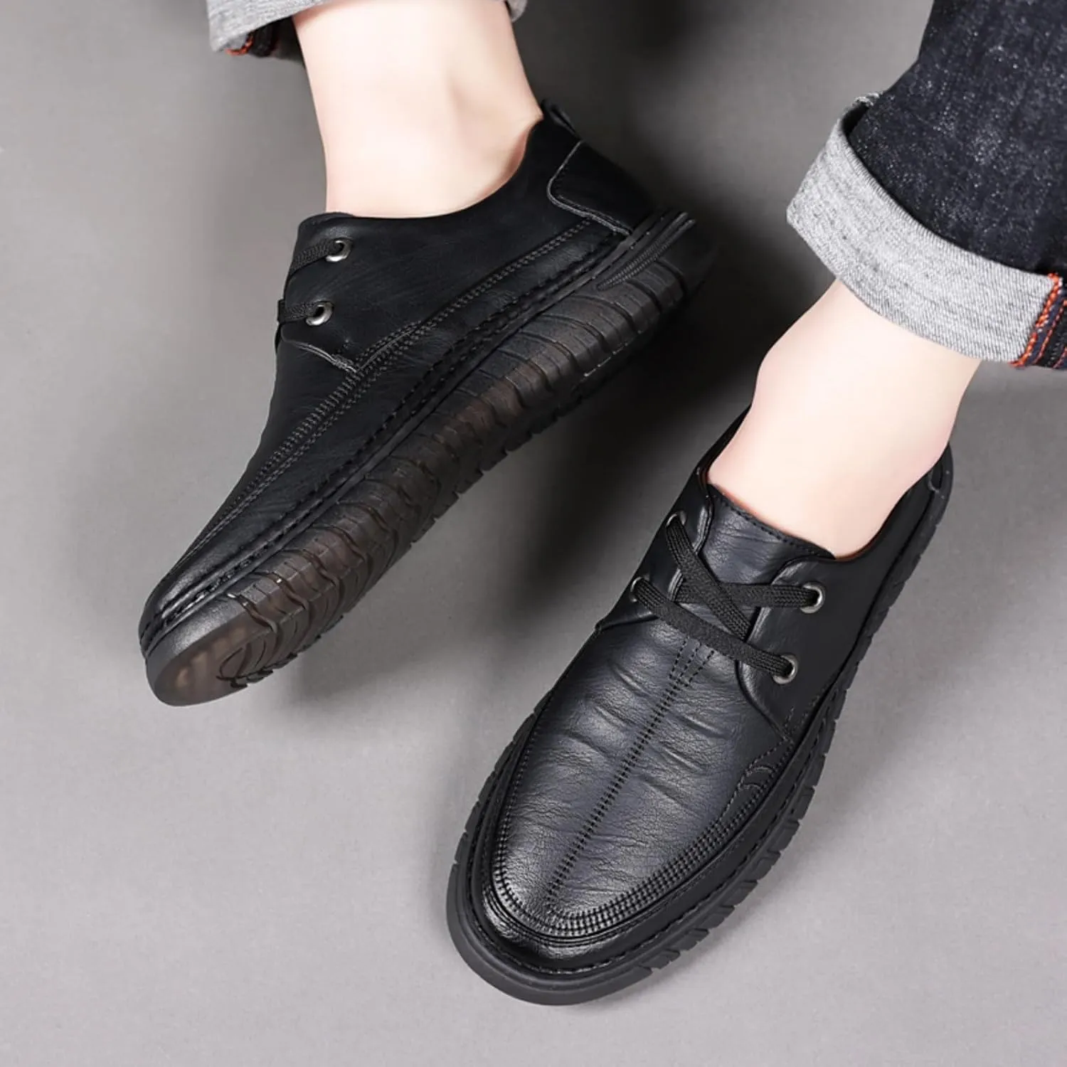 Mens Handmade Leather Lace Up Flats Oxford Shoes Casual Lightweight Low Top Non-Slip Round Toe Walking Driving Loafers Shoes