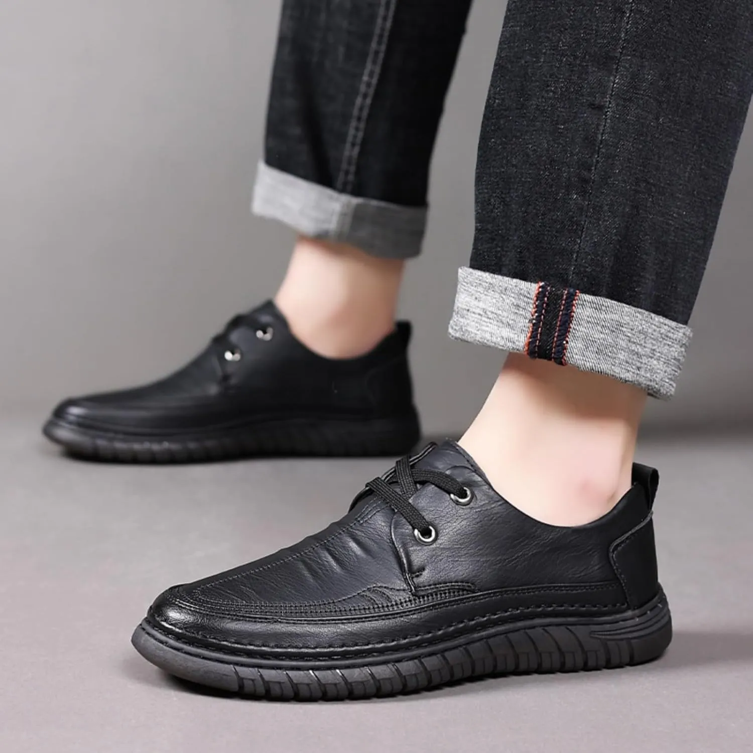 Mens Handmade Leather Lace Up Flats Oxford Shoes Casual Lightweight Low Top Non-Slip Round Toe Walking Driving Loafers Shoes