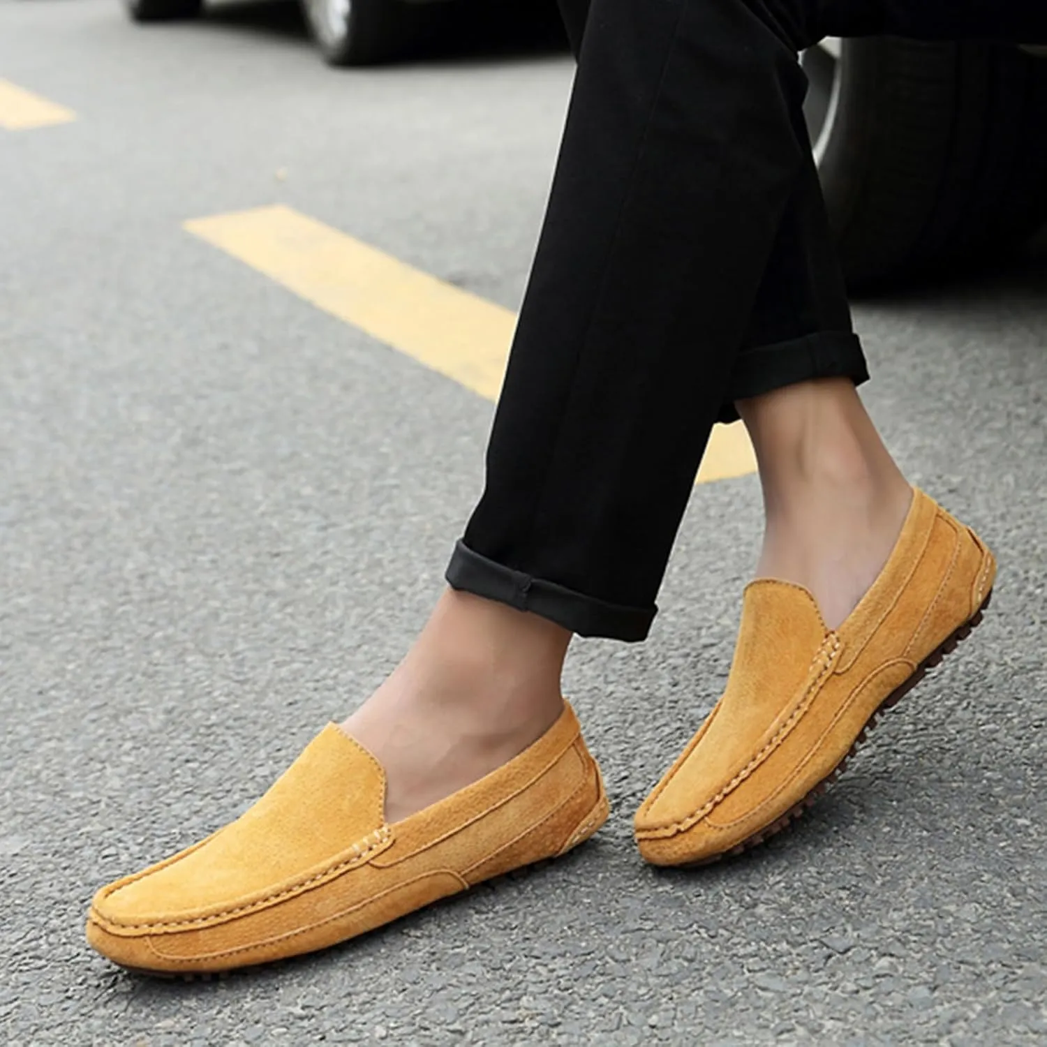 Men's Handmade Suede Penny Loafers, Fashionable Round Wide Toe Non-Slip Moccasins, Casual Formal Boat Shoes, Work Driving, Casual Slip-On Loafers