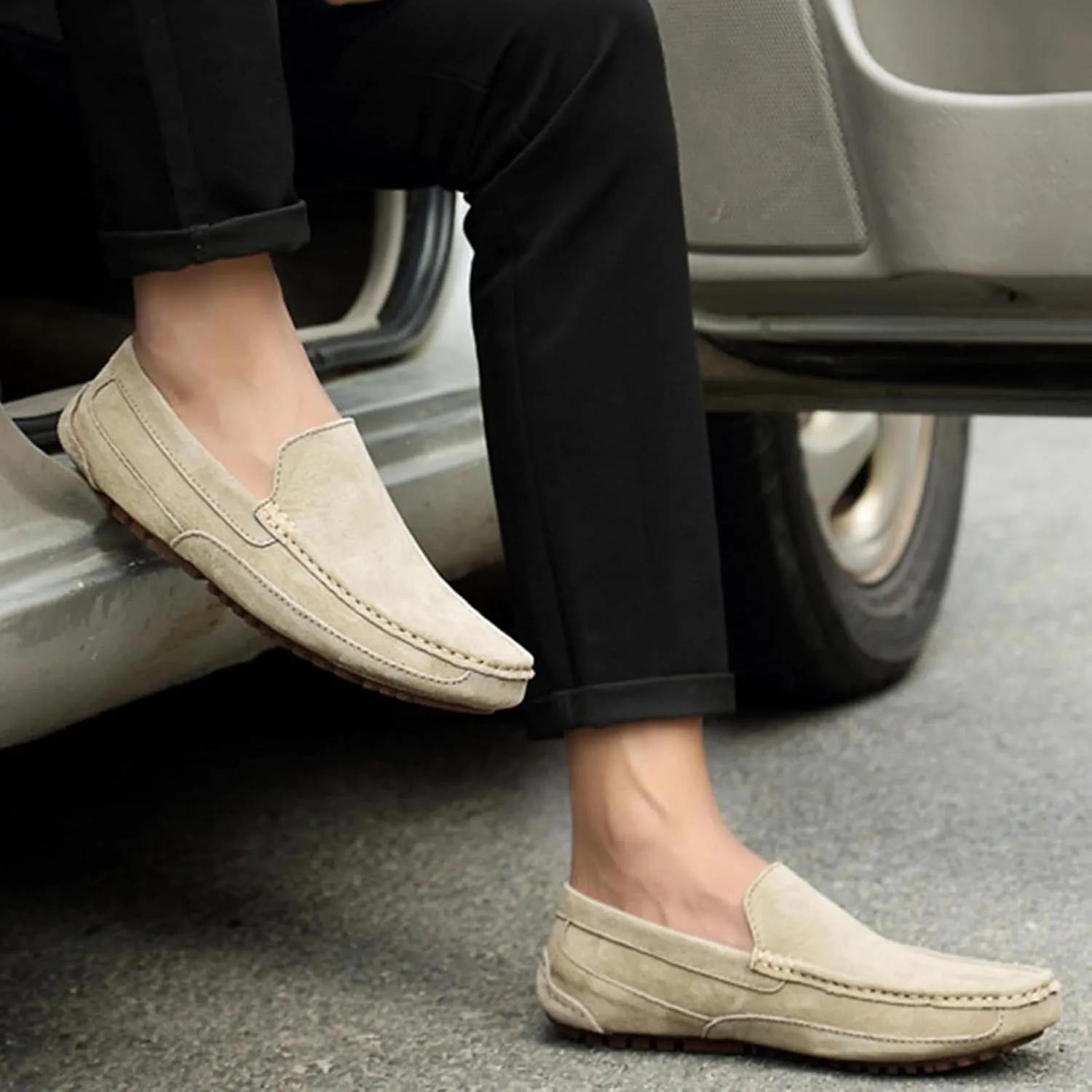 Men's Handmade Suede Penny Loafers, Fashionable Round Wide Toe Non-Slip Moccasins, Casual Formal Boat Shoes, Work Driving, Casual Slip-On Loafers