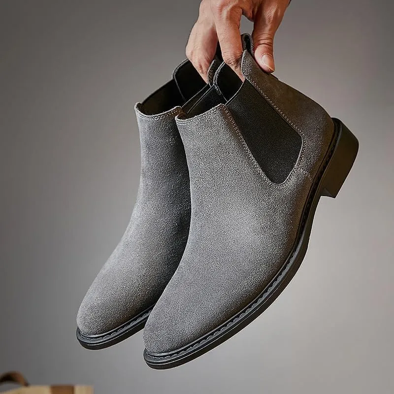 Men's High-Top Leather Boots With Pointed Toe Elastic Band Design Slip-on Casual Shoes Lightweight TPR Soft Sole Work Shoes Ankle Boots for Man