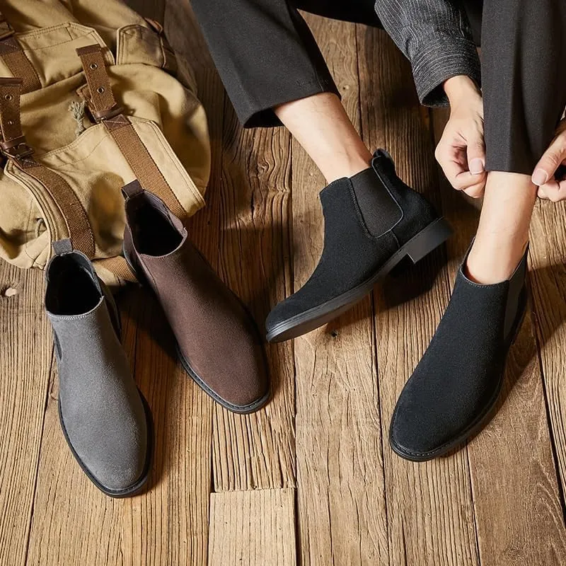 Men's High-Top Leather Boots With Pointed Toe Elastic Band Design Slip-on Casual Shoes Lightweight TPR Soft Sole Work Shoes Ankle Boots for Man