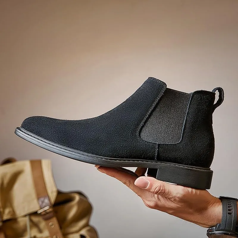 Men's High-Top Leather Boots With Pointed Toe Elastic Band Design Slip-on Casual Shoes Lightweight TPR Soft Sole Work Shoes Ankle Boots for Man