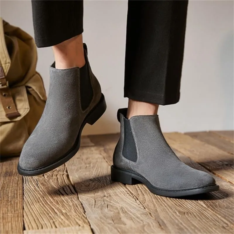 Men's High-Top Leather Boots With Pointed Toe Elastic Band Design Slip-on Casual Shoes Lightweight TPR Soft Sole Work Shoes Ankle Boots for Man