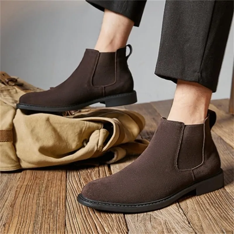 Men's High-Top Leather Boots With Pointed Toe Elastic Band Design Slip-on Casual Shoes Lightweight TPR Soft Sole Work Shoes Ankle Boots for Man