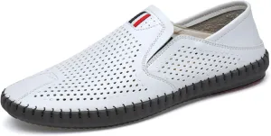 Men's Leather Cut Out Breathable Loafers Fashion Round Toe Slip On Soft Solewalking Flats Sandals Formal Business Casual Comfortable Work Shoes