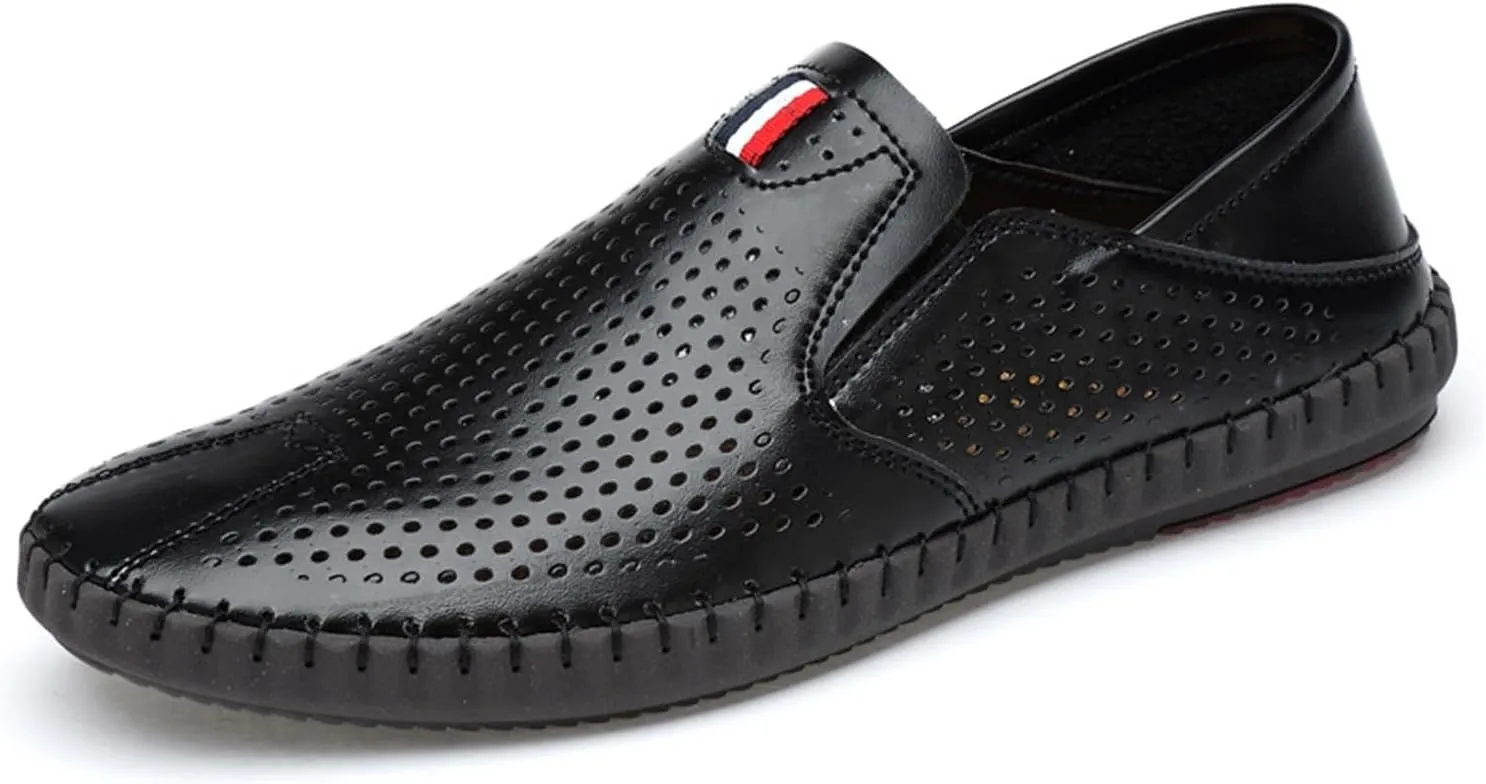 Men's Leather Cut Out Breathable Loafers Fashion Round Toe Slip On Soft Solewalking Flats Sandals Formal Business Casual Comfortable Work Shoes