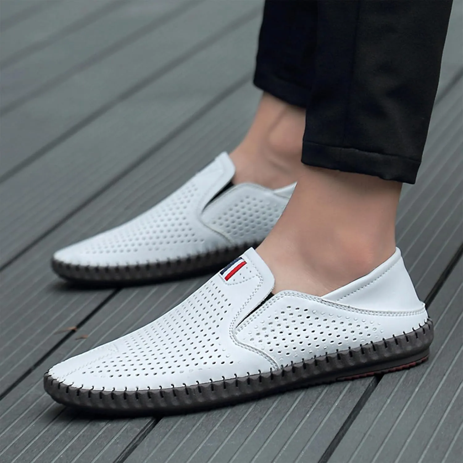 Men's Leather Cut Out Breathable Loafers Fashion Round Toe Slip On Soft Solewalking Flats Sandals Formal Business Casual Comfortable Work Shoes