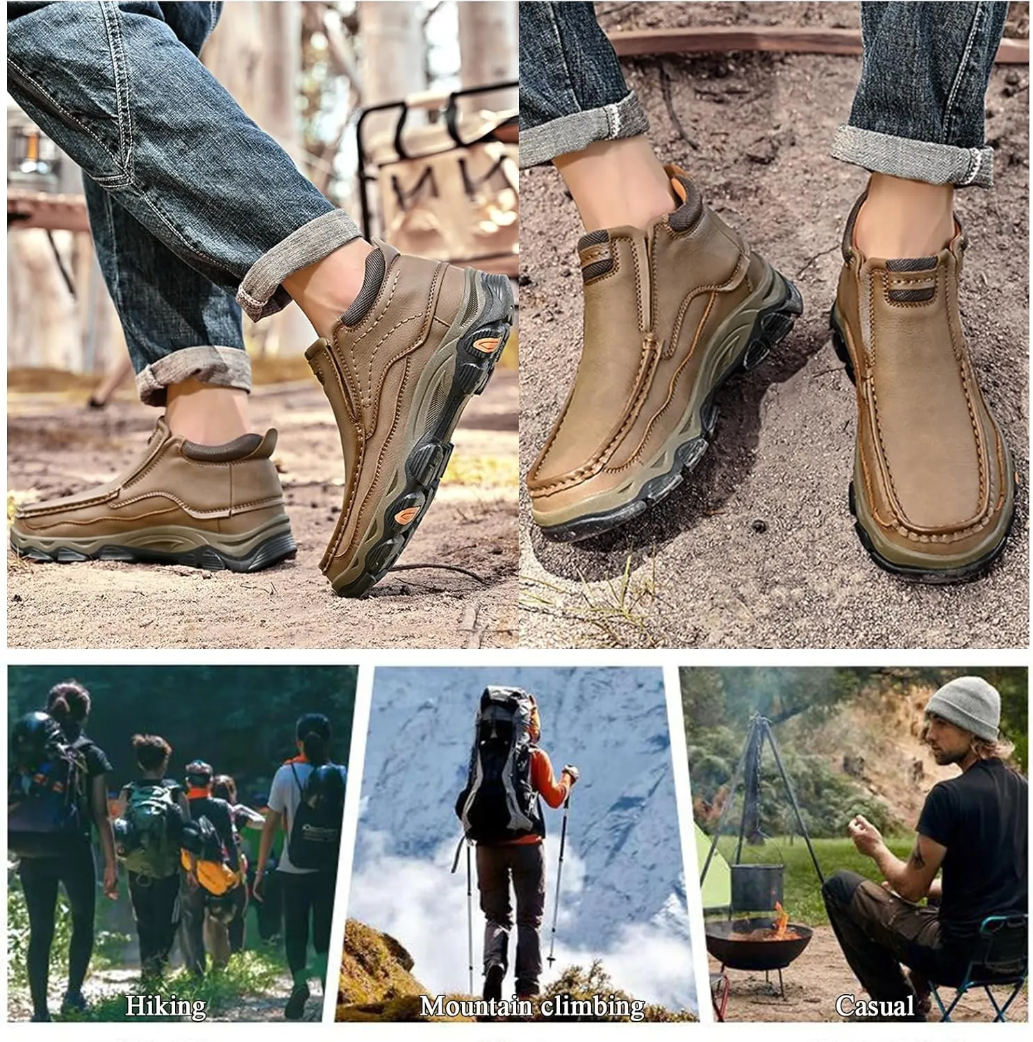 Men's Leather Dress Loafers Slip On Waterproof Boots for Men, Non Slip Lightweight Breathable Business Hiking Shoes for Wedding Walking Travel
